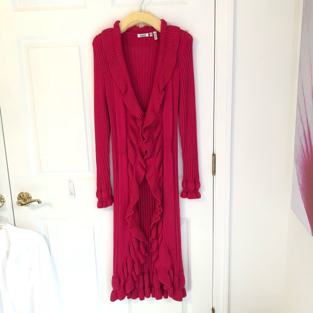 ravel Fuchsia Long Ruffled Cardigan
